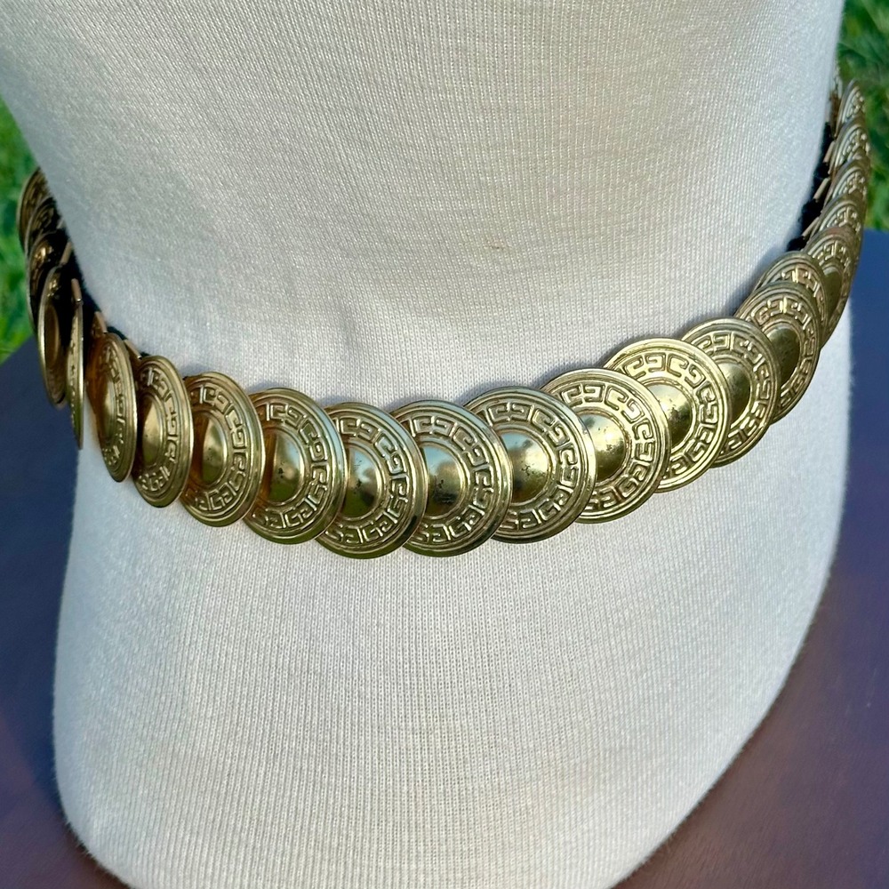 Vintage Gold Medallion Greek Key Stretch Belt Elastic Waist Cinch Statement